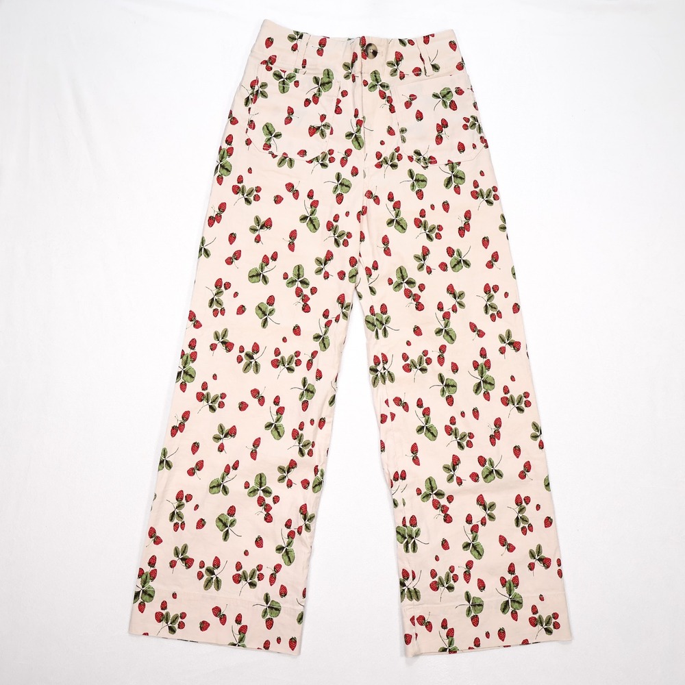 MAEVE ANTHROPOLOGIE Womens 26 Cream Strawberry Print Collete Wide Leg Crop Pants - Picture 3 of 8